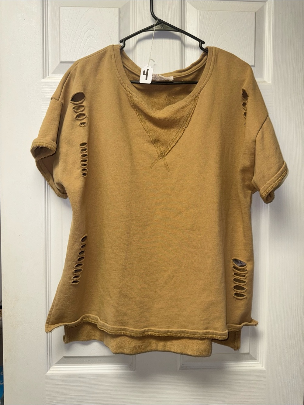 Peach Love Distressed Short Sleeve Top in Tan/Camel - Picture 2 of 4